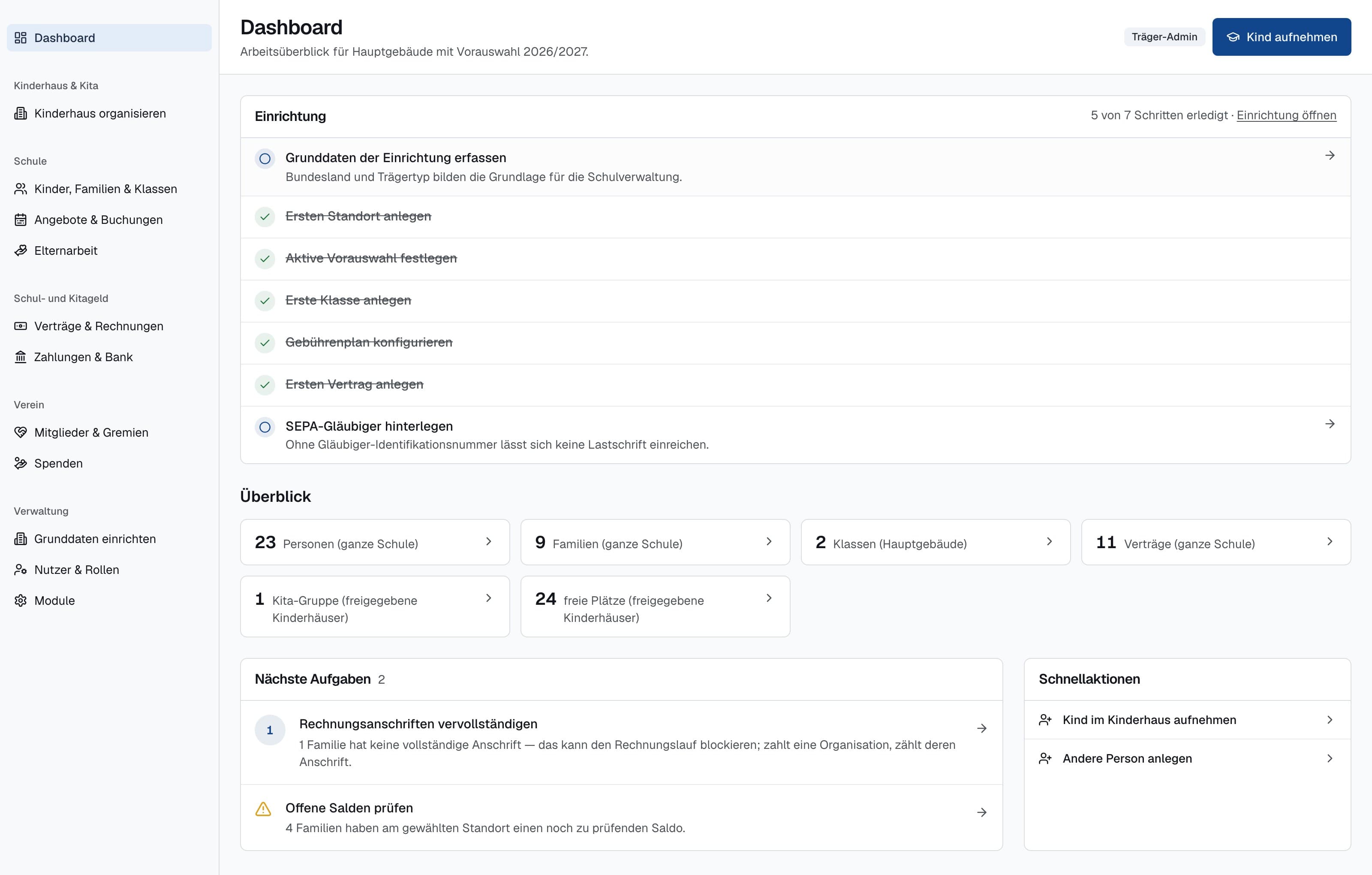 Alma-Dashboard mit Einrichtungsschritten, Kennzahlen und nächsten Aufgaben